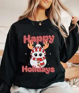 Happy Holidays Candy Cane Snowman with Scarf Unisex Heavy Blend™ Crewneck Sweatshirt, Reindeer Festive Snow Day Long Sleeve, Winter Gift