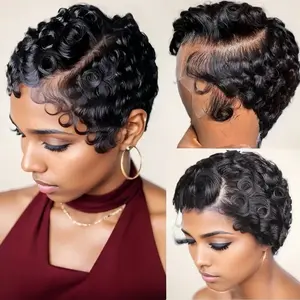 Hot Sale Chioma Wig Machine Made Pixie Curly Wig Natural Black 100% Raw Human Hair Wig Without Lace for Black People