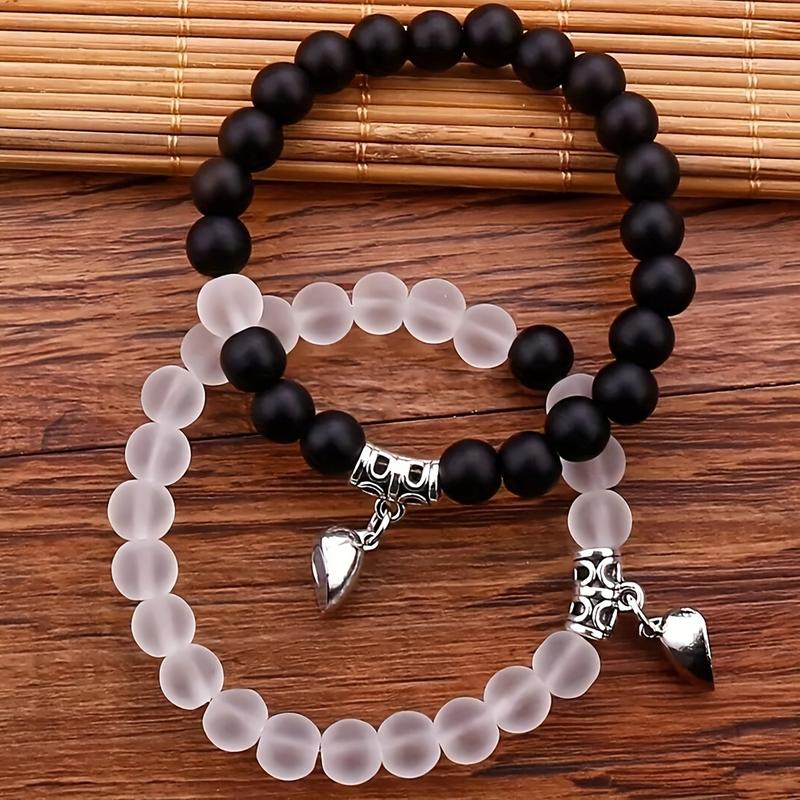 4pcs/Set Charms Elegant Charms Black & White Stretchable Heart Matching Bracelets, Ideal Gift for Best Friends, Couples, Family Members, Charms Handmade Beaded Bracelet Set Valentine's Day Jewelry Gift