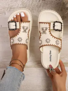 Women's Water Drill Bear Pearl Flower Thick Sole Sandals, Outdoor Wear Height Increasing Platform Slippers, Trendy Summer Footwear