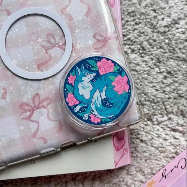 Blue Forest Wolf Heart MagSafe Phone Grip, Mystical Teal Wolf & Pink Peony Griptok, Celestial Floral Phone Stand, Artistic Wildlife Aesthetic Accessory Gift