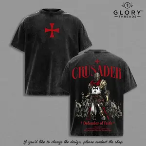 Crusader Defender of Faith Vintage Washed Oversized T-Shirt,Timothy 1:7 Scripture Knight Graphic Tee, Heavy Cotton Medieval Christian Streetwear Top, Unisex Dark Gothic Warrior Shirt