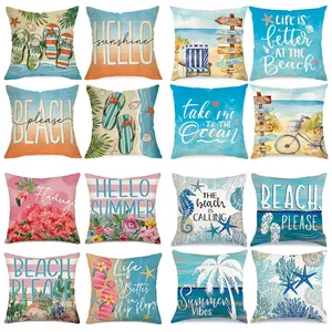 Popular summer beach and ocean-themed pillow cover made of linen material for living room sofa decoration