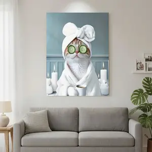Framed 1 Wooden Wrap Frame Canvas Art - Spa Cat with Cucumber Slices & Bow, Vibrant Art Deco Wall Decor for Bathroom, Living Room, Office, Indoor/Outdoor Use, Easter Home Decor Gift, Living Room Decor | Art Deco Style | Canvas Wall Art, Cat Decor