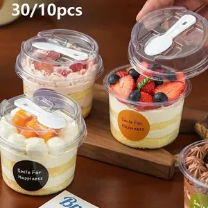 Reusable Round Pudding Cups Set, Includes Cups with Spoon Lids, Party Cups, Transparent Mousse Box, Yogurt Cup, Hand Wash Only