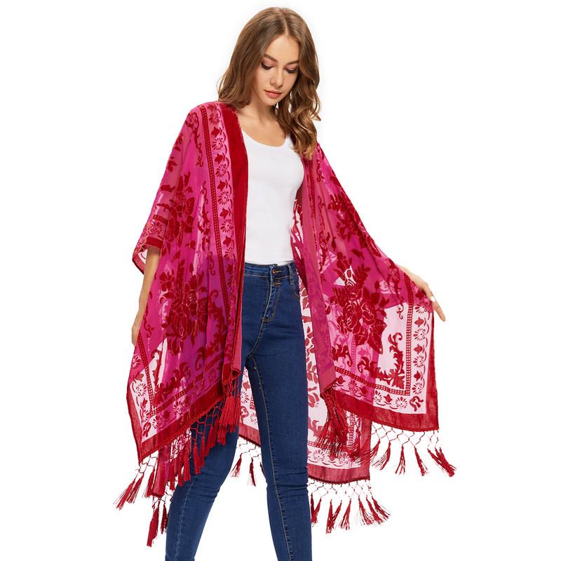 WeHello Women's Boho Burnout Velvet Kimono Long Cover Up with Tassel Casual Cardigan Shawl Flowy Fabric Beachwear Suit Womenswear Clothes Swimwear Coverups