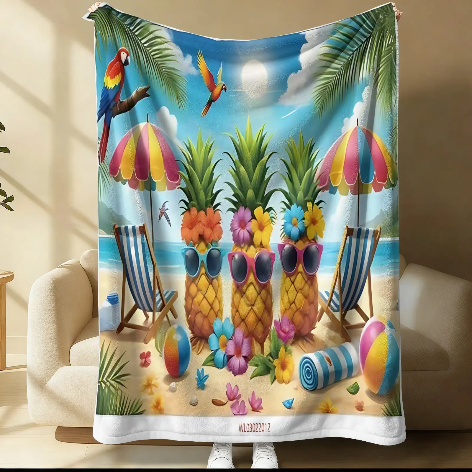 Tropical Beach Pineapple Print Flannel Blanket, Vibrant Parrot & Beach Scene Collage Throw Blanket, Cozy Soft Warm Blanket for Bed & Couch, Fun Summer Gift Blanket for Beach & Tropical Style Enthusiasts