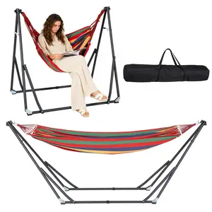 Soges 2-in-1 Convertible Hammock Chair Set, 440LBS Heavy Duty Steel Stand, Foldable Portable Outdoor Two People Hanging Swing Bed, Includes 3 Carry Bags (2 Cloth + 1 Oxford Stand Bag),  for Outdoor Yard Camping, Colorful Striped