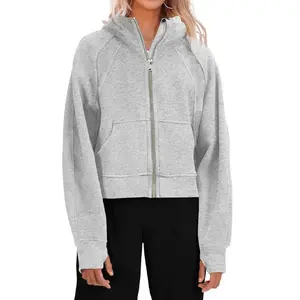 Goranbon Womens Zip Up Sweatshirts Fleece Lined Collar Crop Hoodie Casual Cotton Long Sleeve Tops with Thumb Hole
