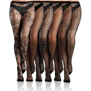 6 Pairs Women Fishnet Thigh High Stockings Waist Tights Striped Patterned Fish net Leggings Pantyhose for Halloween Black Fit Womenswear Curvy Cute Elastic Dress Outfit Party