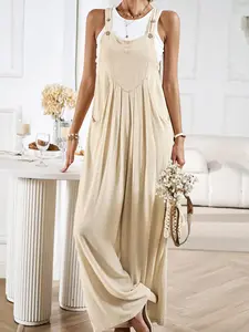 Women's Stylish Sleeveless Summer Fashion Woven Pants, Romper, Overalls, Solid Color Strap Waist Loose Wide Leg Long Pants, Comfortable and Trendy Women's Clothing for Hot Weather