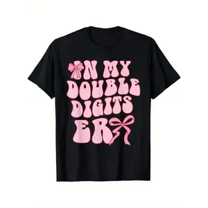 In My Double Digits Era" 10th Birthday T-Shirt for Youngsters - Soft Cotton, Breathable, Round Neck, Short Sleeve Tee with Pink Bow Detail - Black(3-13Y)