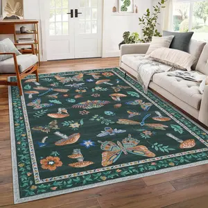 Insect Floral Area Rug 5x7 - Non-Slip Low Pile Washable Carpet for Living Room, Bedroom, Nursery - Stain Resistant & Perfect for Christmas Decor!