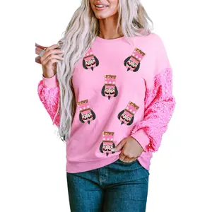 Women's Pink Christmas Nutcracker Graphic Sequin Long Sleeve Top