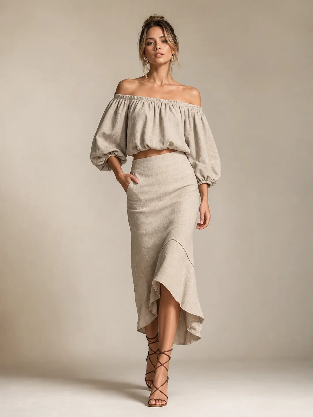 Women's 2026 Spring Old Money Style Off-Shoulder Puff Sleeve 2-Piece Co-ord Set S-3XL - Solid Color High-Waist Asymmetrical Hem Midi Skirt, Elegant European Office Workwear for Daily & Date Occasions