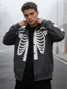 Men's Skull Bone Jacket Coat, Hoodless Street Style, Warm and Comfortable, Loose-Fitting Long Sleeve, Fall & Winter Fashion