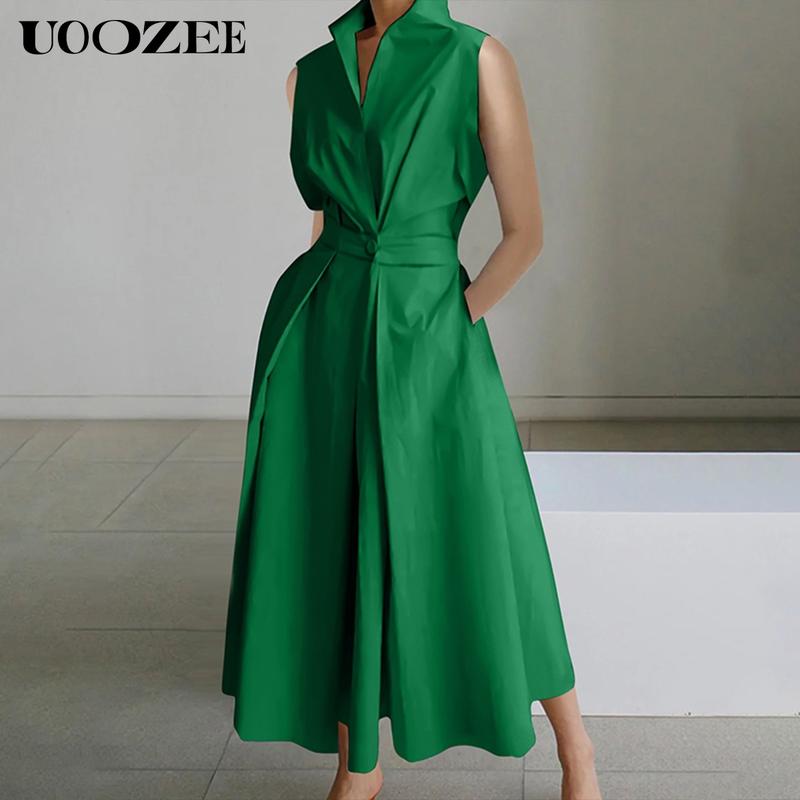 UOOZEE Women's Sleeveless Solid Color Lapel Long Dresses Midi Dresses Long-sleeved Loose Solid Color Lapel Mid-length Dress with Small Waist and Bust, One Size Up Recommended for C - Cup and Above