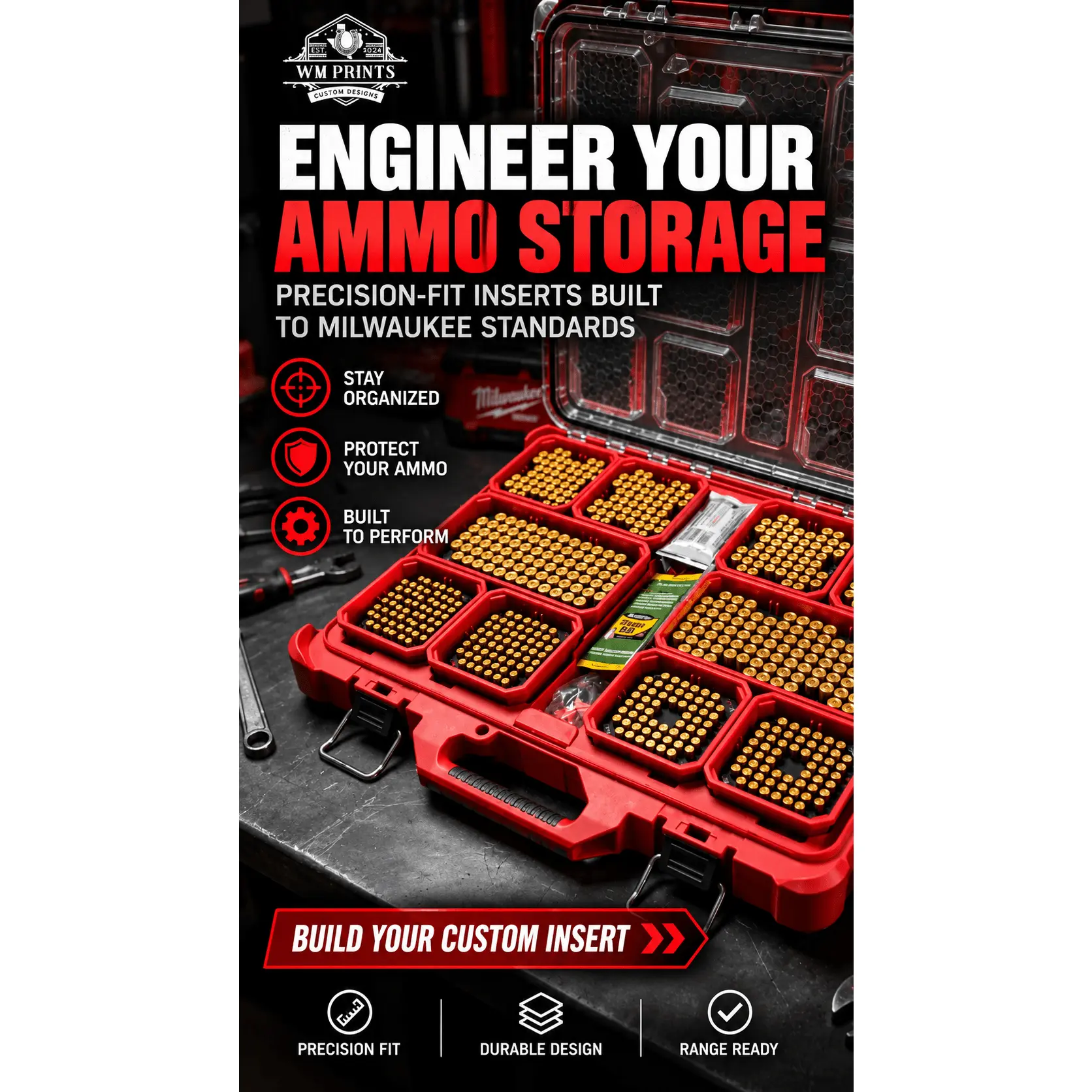Made for Milwaukee Packouts Slim low profile Ammo Inserts.