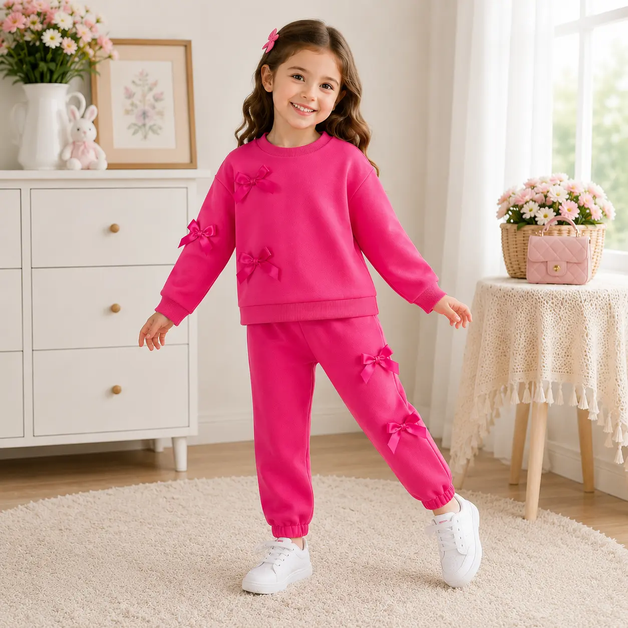 Girls 2-Piece Bow Sweatshirt & Joggers Set for 4-7 Years | Cute Coquette Aesthetic Loungewear | Trendy Soft Pullover & Pants Boutique Outfit