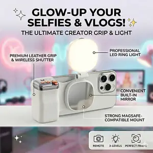 Magnetic Camera Grip with Detachable Wireless Remote, Selfie Mirror & LED Fill Light, MagSafe Vlogging Rig for iPhone