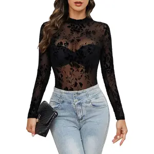 Mesh Top for Women Long Sleeve Mock Neck Mesh Shirt Sheer Top Solid Floral Tee Shirts S-XXL