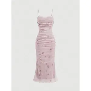 Pink floral print ruched mesh cami maxi dress for summer, women’s summer dresses, pastel casual fabric