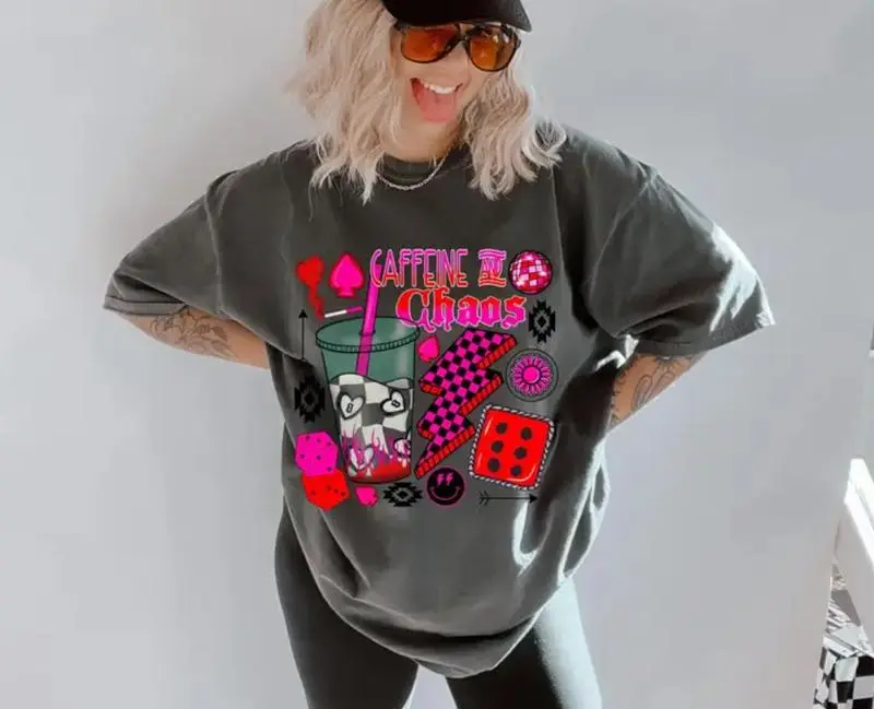 Caffeine and Chaos Women Graphic Tee, Bold Neon Aesthetic T-Shirt, Cute Energy Drink Dice Design, Unisex Funny Caffeine Shirt, E-Girl Y2K Style Top