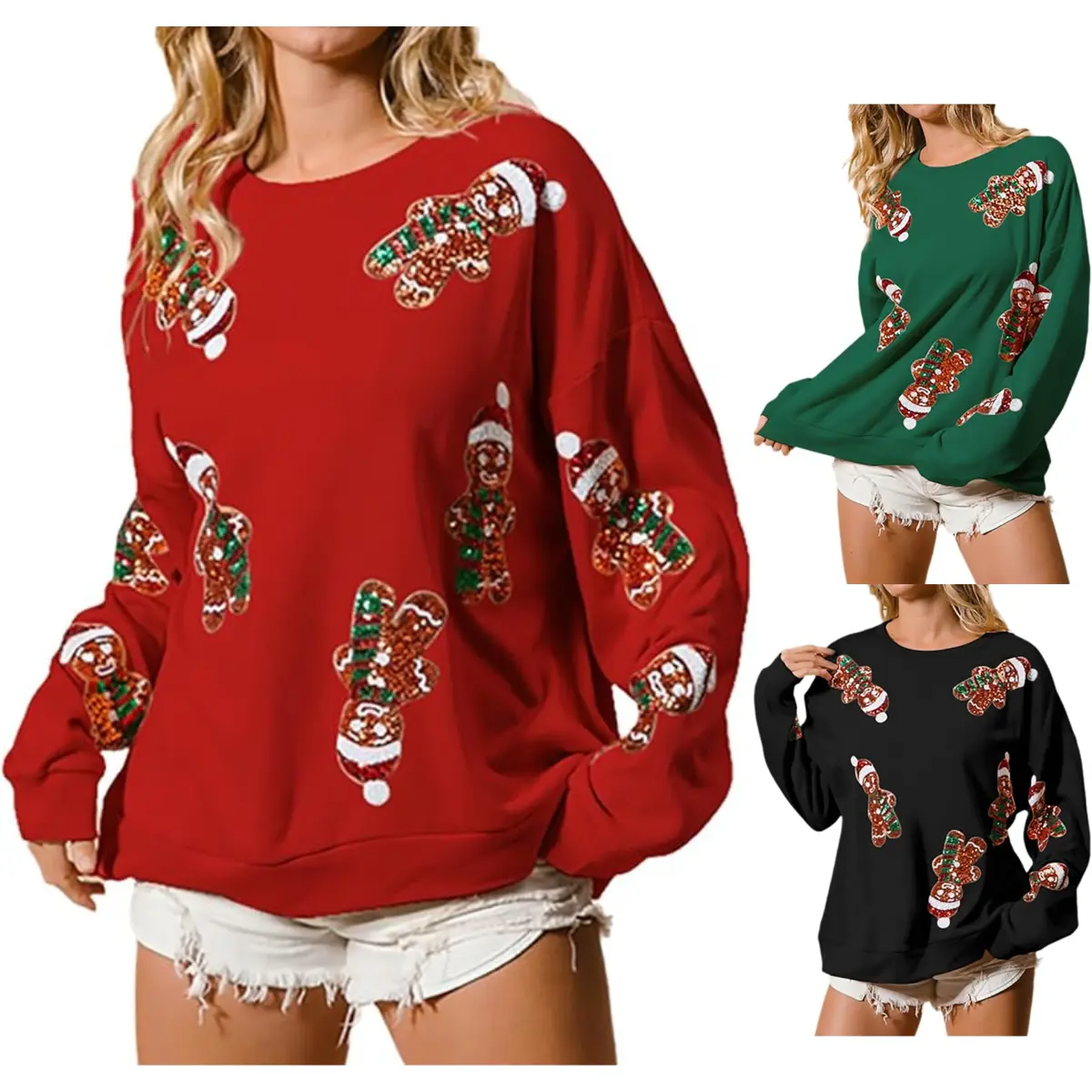 Ommig Women's Christmas Glitter Sweatshirt - Cute Long-Sleeve Loose-Fit Round-Neck Pullover, Soft Cotton-Blend Fabric, Funny Sequin Graphic, Party Holiday Statement Piece (Avoid Bleaching)