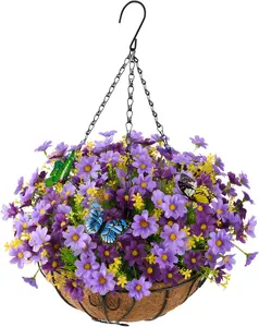 RZHfffhua Artificial Flower Hanging Basket with Wild Chrysanthemum Outdoor/Indoor, Artificial Butterfly in Cacao Coconut Lined Basket with Patio Lawn Garden Decoration(Purple)