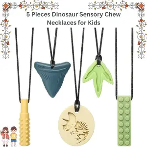 5 Pieces Dinosaur Sensory Chew Necklaces for Kids – Silicone Chewelry for Autism, ADHD, Aggressive Chewers, Oral Motor Therapy & Baby Teething BPA-Free