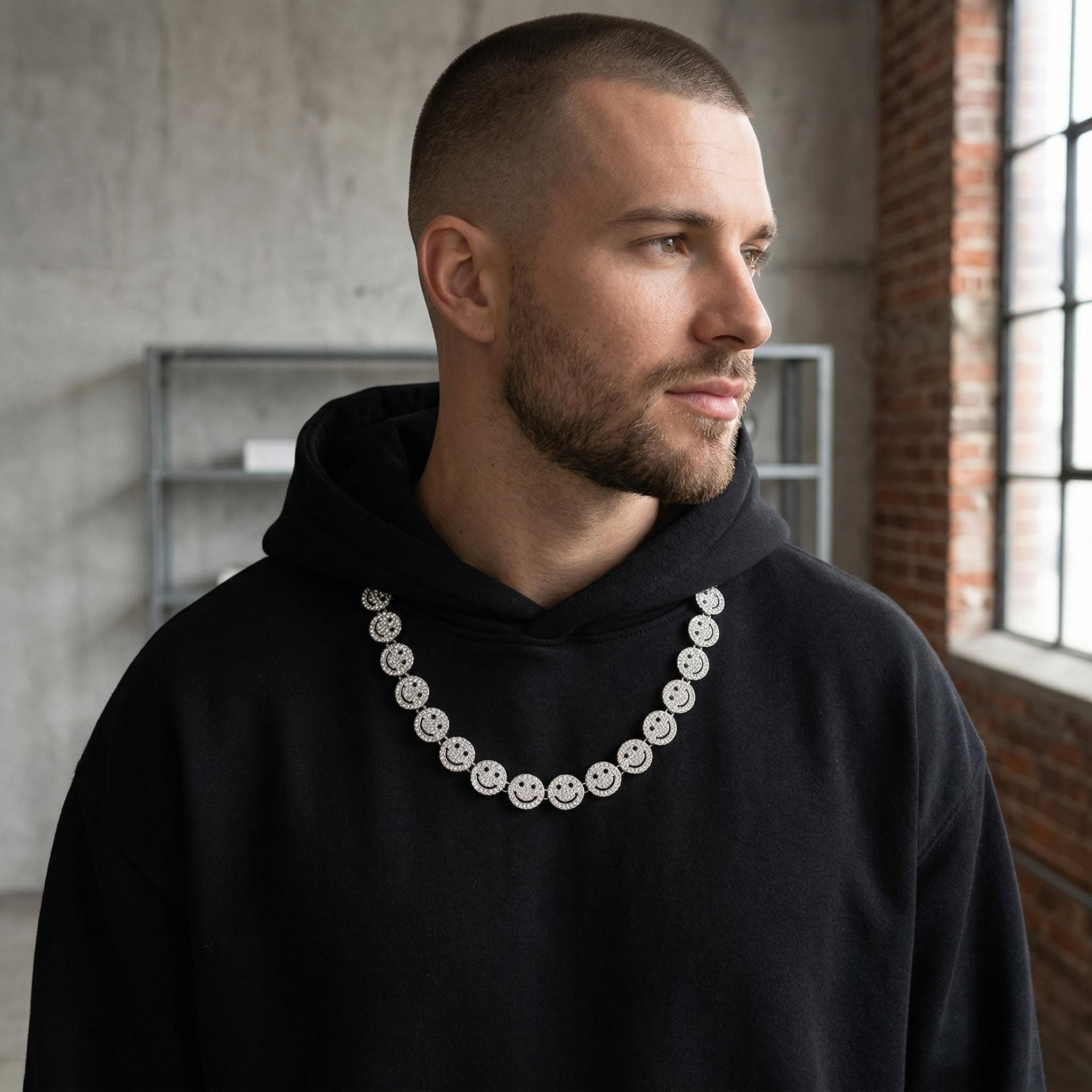 Hip-Hop Alloy Smiley Face Necklace & Full-Rhinestone Cuban Link Bracelet — Interlocking Ring Design, Edgy Punk Style (Unisex)