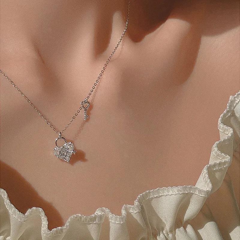Women's New 925 Sterling Silver Heart-Geometric Pendant Choker Necklace, Fine Jewelry for Birthday Party Gifts