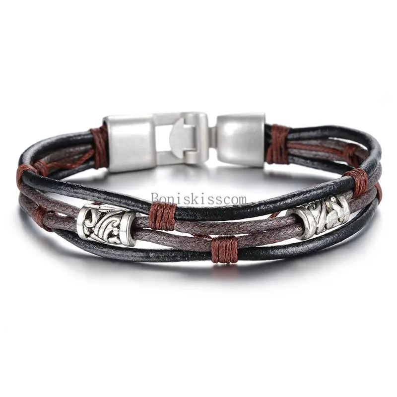 Retro Bead Black Brown Multi Leather Cord String Strap Bracelet Men's Wristband