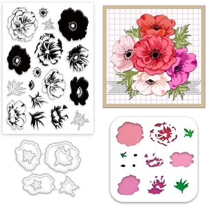 Anemone Clear Stamps and Dies Set Anemone Flowers Painting Stencils Layered Flowers Stamps and Cutting Dies Leaves Silicone Stamp Anemone Wall Stencils for DIY Craft Scrapbooking Home Decor