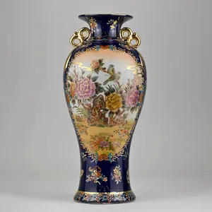 Hand-Painted French Porcelain Vase | Gilded Dual Handles | Luxury 14” Tall Decorative Art Vase | Floral and Bird Motif | Statement Decor