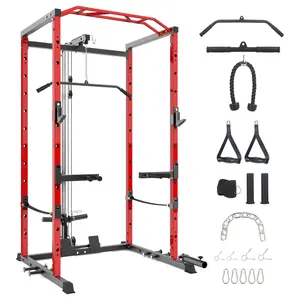 Multi-Functional Power Rack with LAT Pulldown, with Cable Pulley System and J-Hooks, with Dip Bars and Landmine Attachment, for Home Gym(Black/Red)