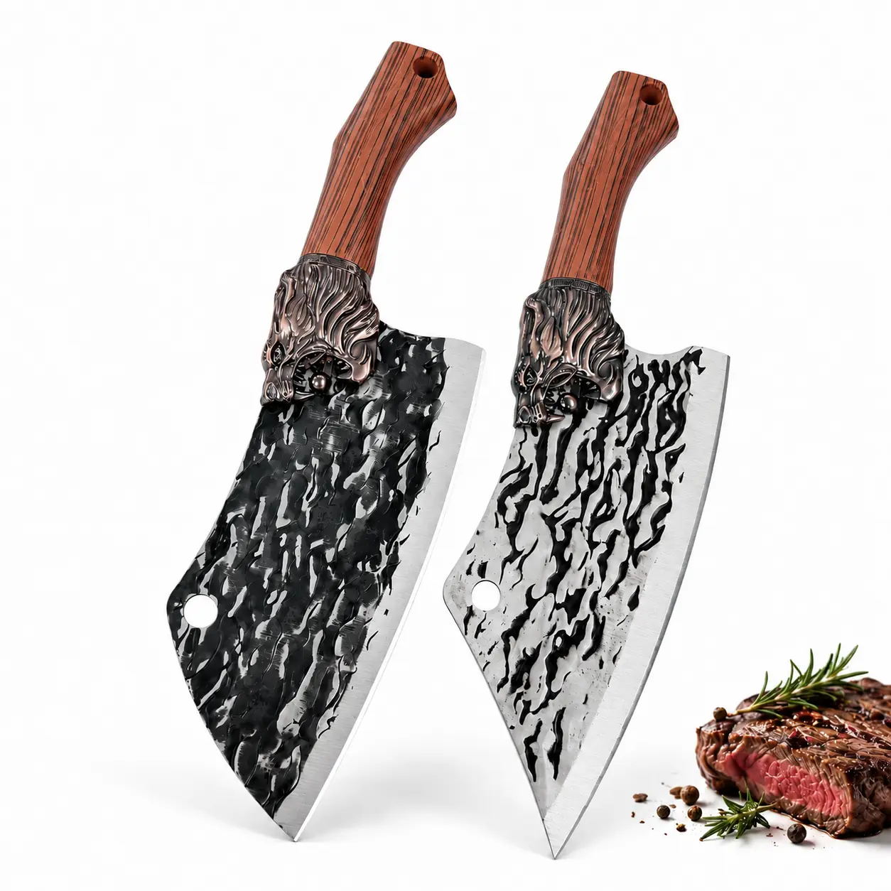 2-Piece Kitchen Cleaver Knives Set with 2 Different Designs Textured Blades and Plastic Handles for Meat, Vegetable Prep, Two Different Designs