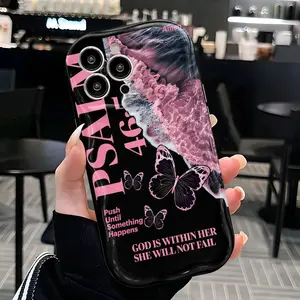 Psalm 46:5 Bible verse, pink butterfly and ocean wave design, shockproof and anti-slip TPU wavy edge phone case, suitable for iPhone 17, 16, 15, 14, 13, 12, 11, XS, X and other series models, can be given as a gift to friends or family.