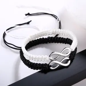 【2026 Romantic Valentine's Day Accessories】2PC/Set Stainless Steel 8 Infinity Couple Bracelet Braided Leather Rope Bangle Wrist Adjustable Chain Fit 7-9 Inch for Lover Friendship,gifts for couple girlfriend boyfriend