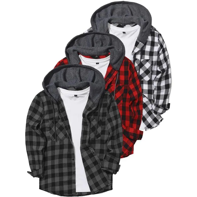 Men's 3pack Plaid Long Sleeve Hoodie Flannel Button-Up Shirt Jacket Tops, Casual Loose-Fit Rayon Menswear, Machine Wash - Do Not Dry Clean