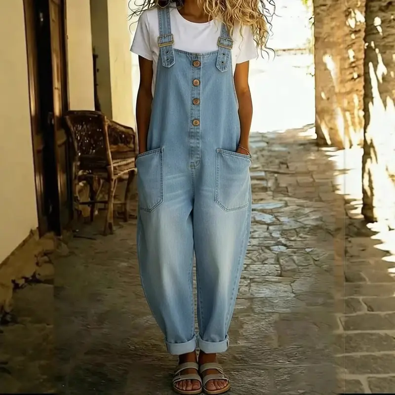 Women's Retro Denim Overalls, Loose-Fit Distressed Casual Jumpsuit, Full-Length with Adjustable Buckles, Jumpsuits For Women, Overalls For Women