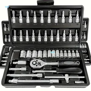 46Pcs Tool Set, Car Repair Machinery Tools, Socket Wrench Set，Household Machinery Tools,Car and Bicycle Repair Tools, 1/2 * 1/4 "3/8" Drive Depth and Standard Socket, Ratchet Torque Wrench Screwdriver Socket Combination Tool,Gift for Dad
