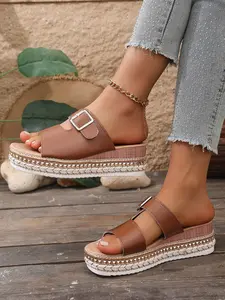 Summer Women's Thick Sole Sandals, Hemp Rope Woven Platform Slippers, Casual Outdoor Wear, Open Toe One-Strap Shoes, Versatile Female Footwear