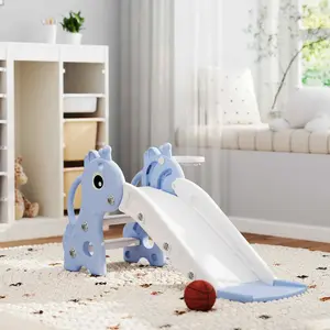 3-in-1 Freestanding Toddler Slide with Climber, Basketball Hoop and Ball - Giraffe-Design Blue Play Set for 1-3 Year Olds, Pool Ladder-Compatible Home & Garden Kids’ Activity Equipment