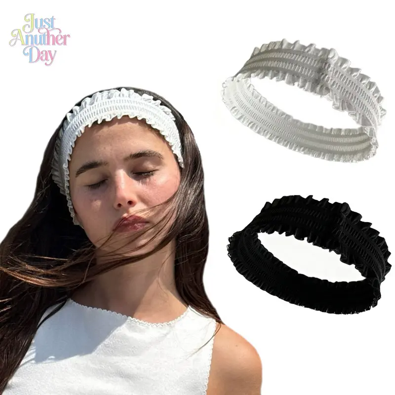 4Pcs French Ruffled Elastic Headbands, Vintage Pleated Wide Headwraps, Solid Color Stretch Hairbands for Sports, Yoga, Face Washing & Daily Use