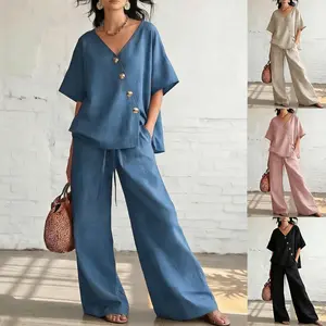 Women's Summer Two-Piece Set - Casual V-Neck Top & High-Waisted Wide-Leg Pants - Lightweight & Breathable - Perfect for Everyday Outings, Commuting, Vacations