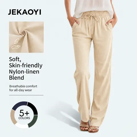 JEKAOYI Womens High Waist Casual Pants Drawstring Straight Leg Vacation Comfy Lounge Pocket  Trousers