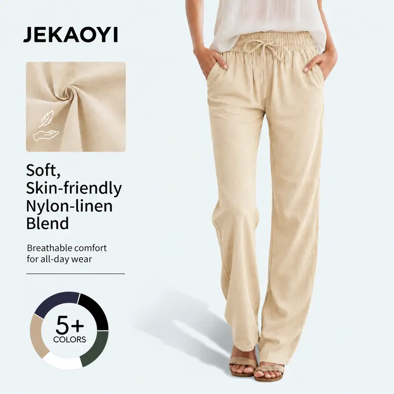 JEKAOYI Womens High Waist Casual Pants Drawstring Straight Leg Vacation Comfy Lounge Pocket Trousers