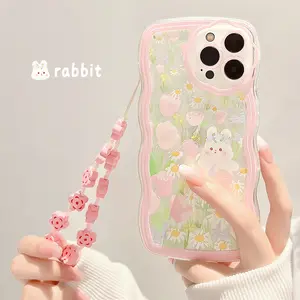 Wavy Edge Flower Bunny Case for iPhone 13, 15 Pro Max, Apple 11, Silicone XS, Pink Lanyard, 14