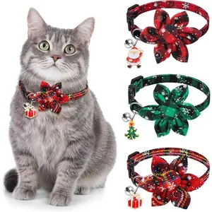 3 Pack Christmas Cat Collars,Christmas Flower Kitten Collars with Adjustable Breakaway Bow Tie Bell Plaid Snowflake Xmas Pet Supplies for Christmas Cats Accessories SANTA CLAUS BOW TIE PET ACCESSORY